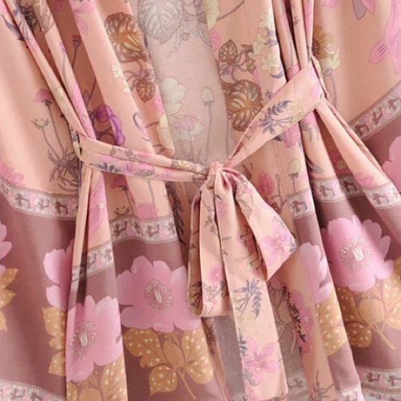 Pink Festival Bohemian Flower Floral Boho Printed Short Kimono Robe Tunic Wrap - Picture 5 of 14